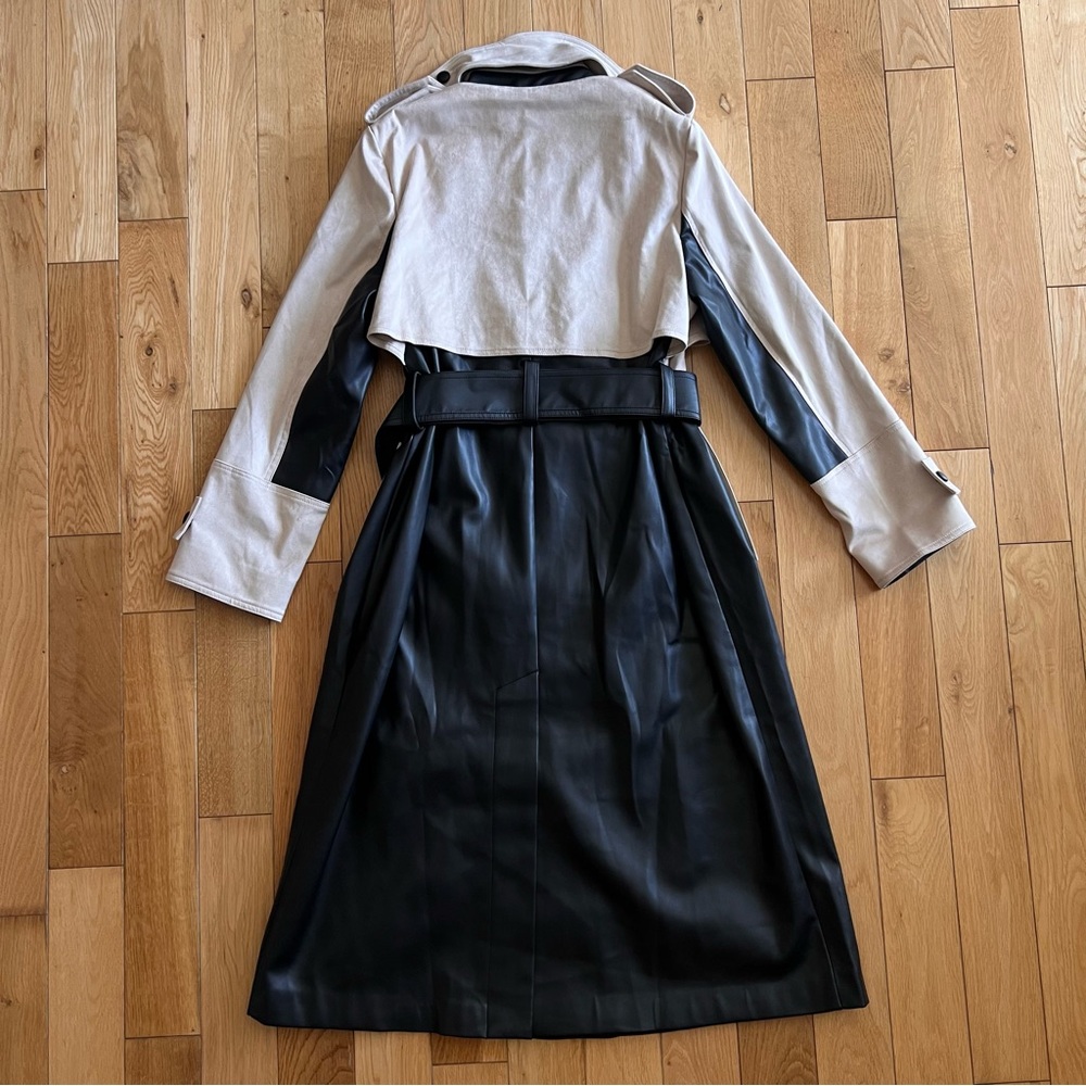 NWT Hutch Stasia Faux Leather Suede Trench Coat Colorblock Black Tan Size Small - Picture 12 of 14